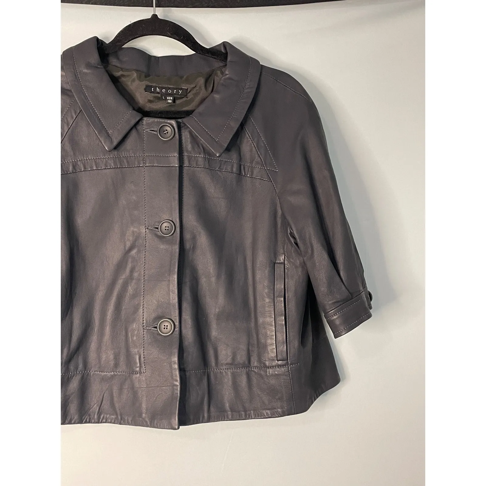 Theory Joli L Leather Cropped Jacket 3/4 Sleeve Button Front Made in Italy - Image 5