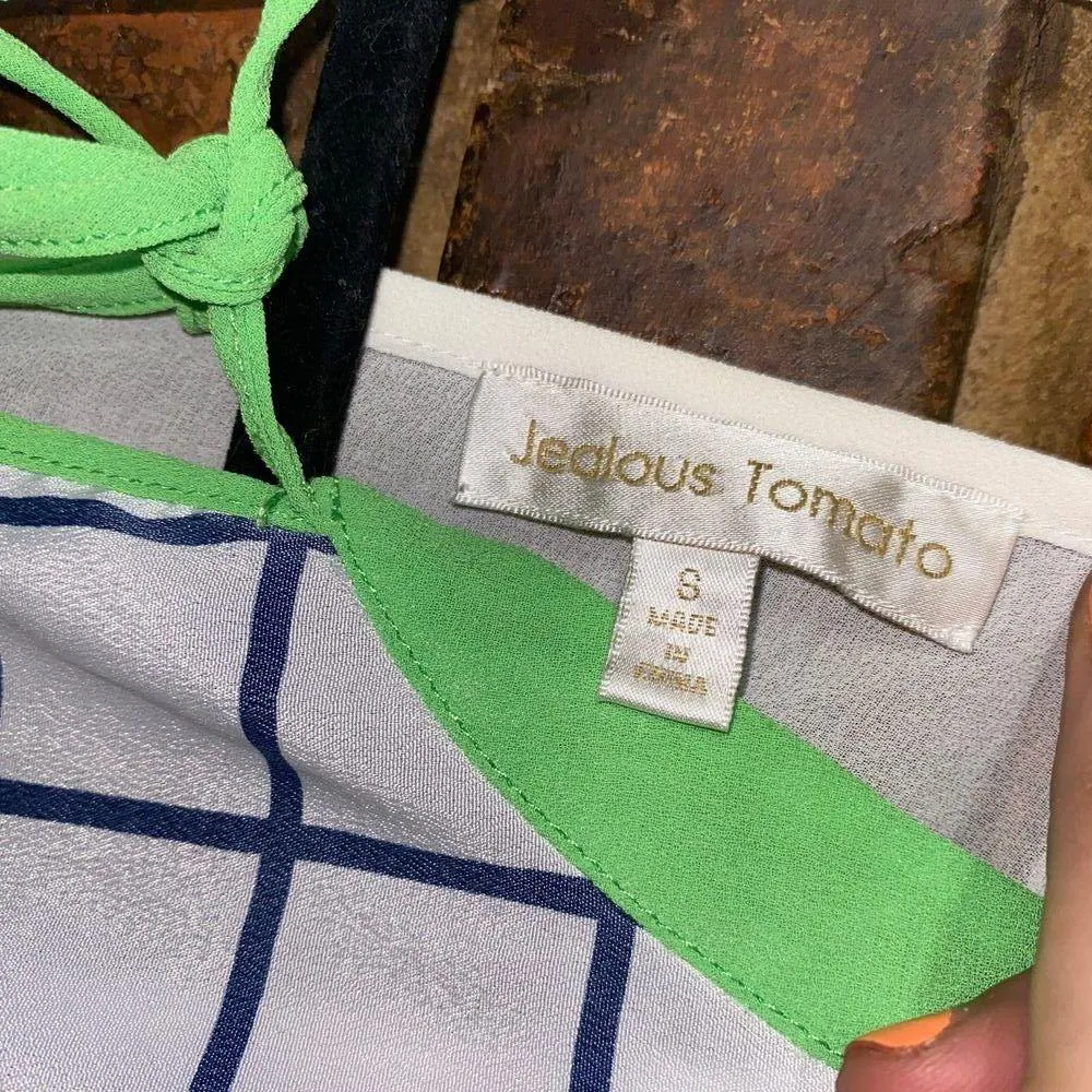 Jealous Tomato White Blue Green Plaid Sleeveless Keyhole Blouse Size Small - Image 4