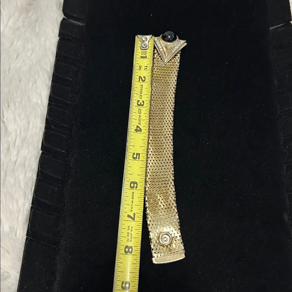 Vintage Gold Tone Mesh Cuff Bracelet Black Stone/Rhinestones - Image 7