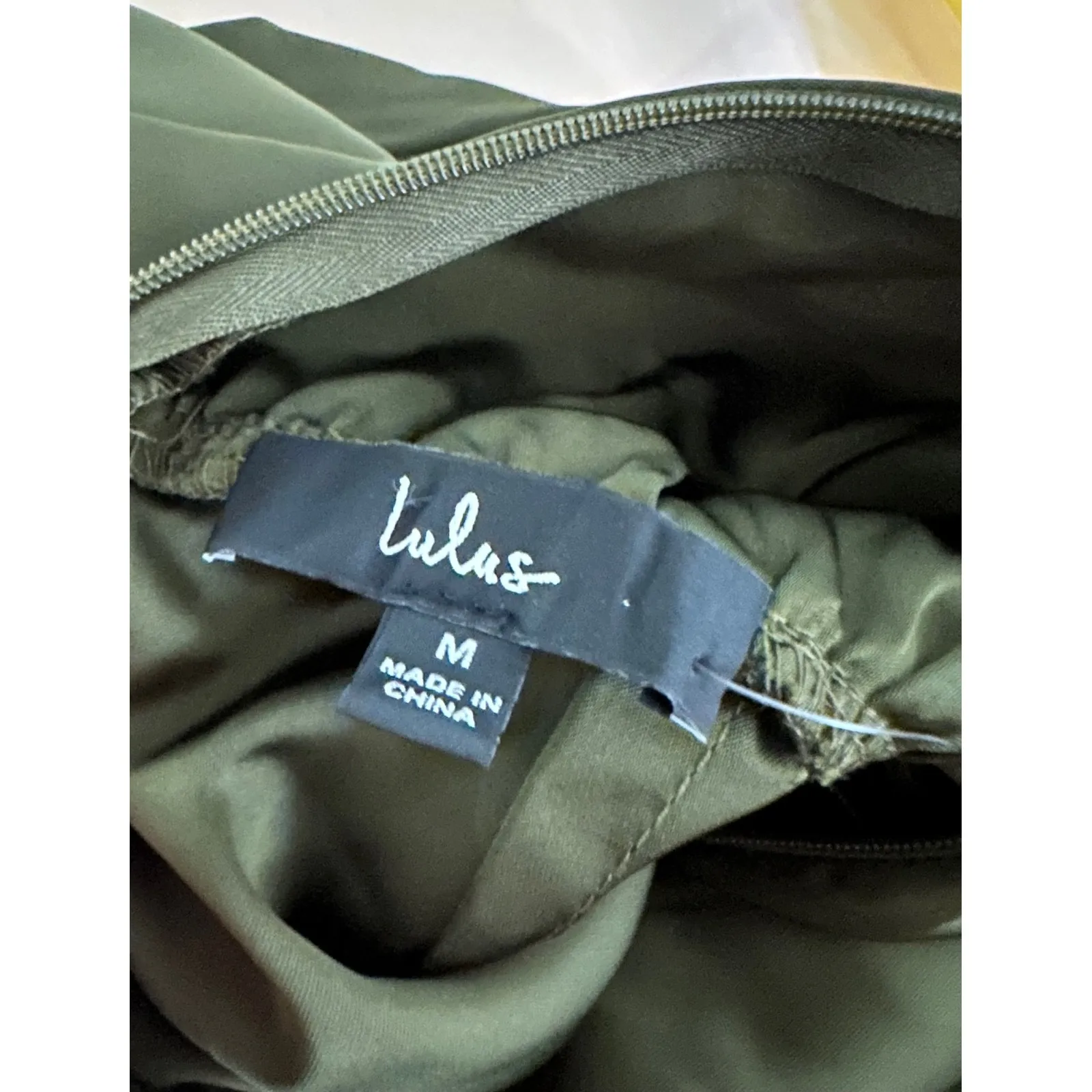 Lulus Satin Mock Neck Sleeveless Mini Dress Olive Green Ruched Waist - Image 6