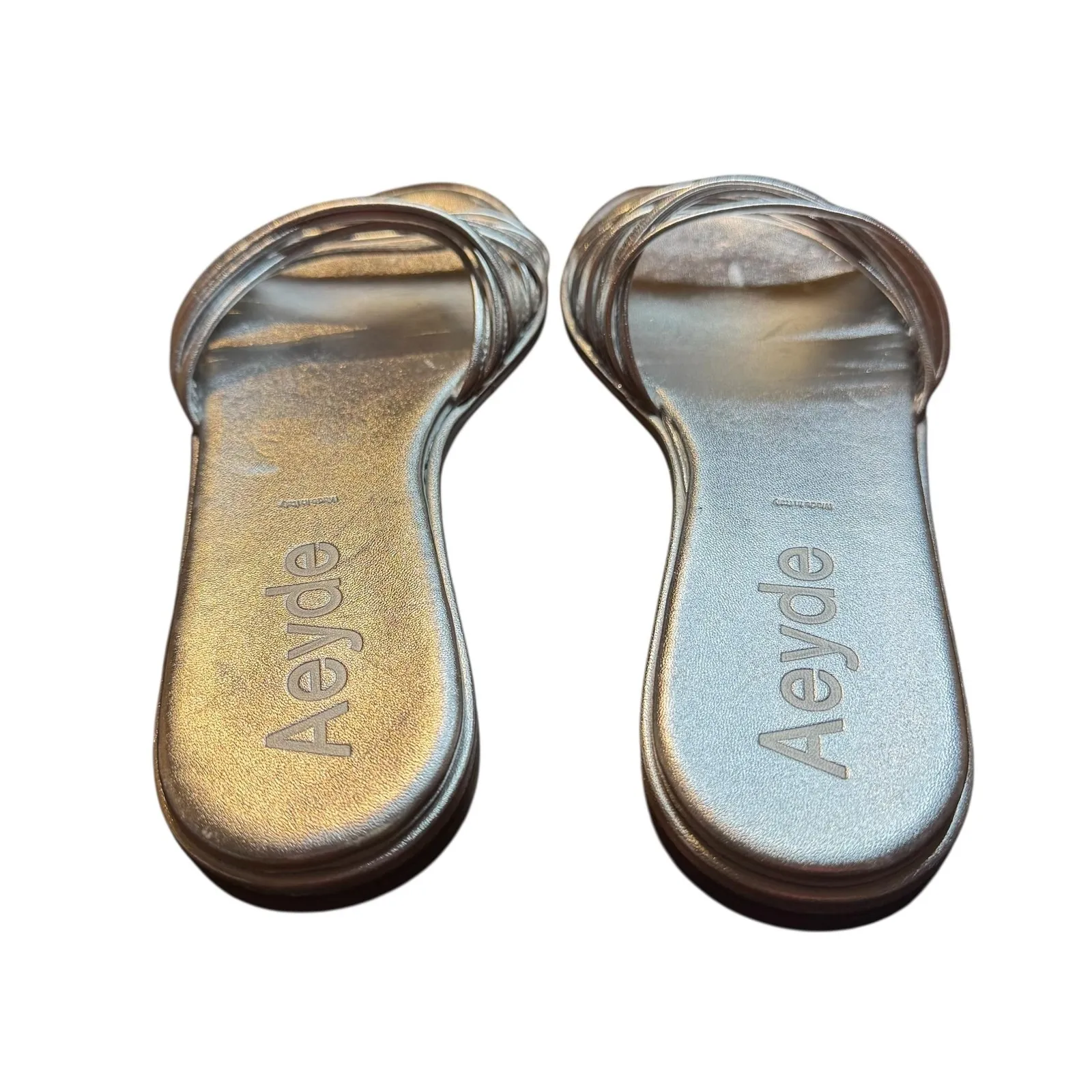 Aeyde Shoes Womens Size 38.5 Silver Metallic Slide Sandals Made in Italy Strappy - Image 6