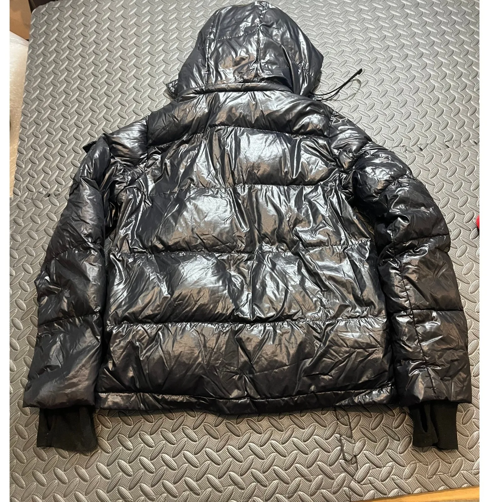 S13 New York Jacket Shiny Black Hooded Puffer Down Full Zip Quilted Womens Med - Image 5