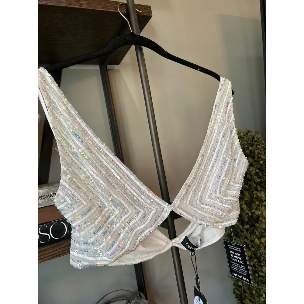 Retrofete Magda Irredescent Sequin Crop White Pearl Womens XL - Image 9
