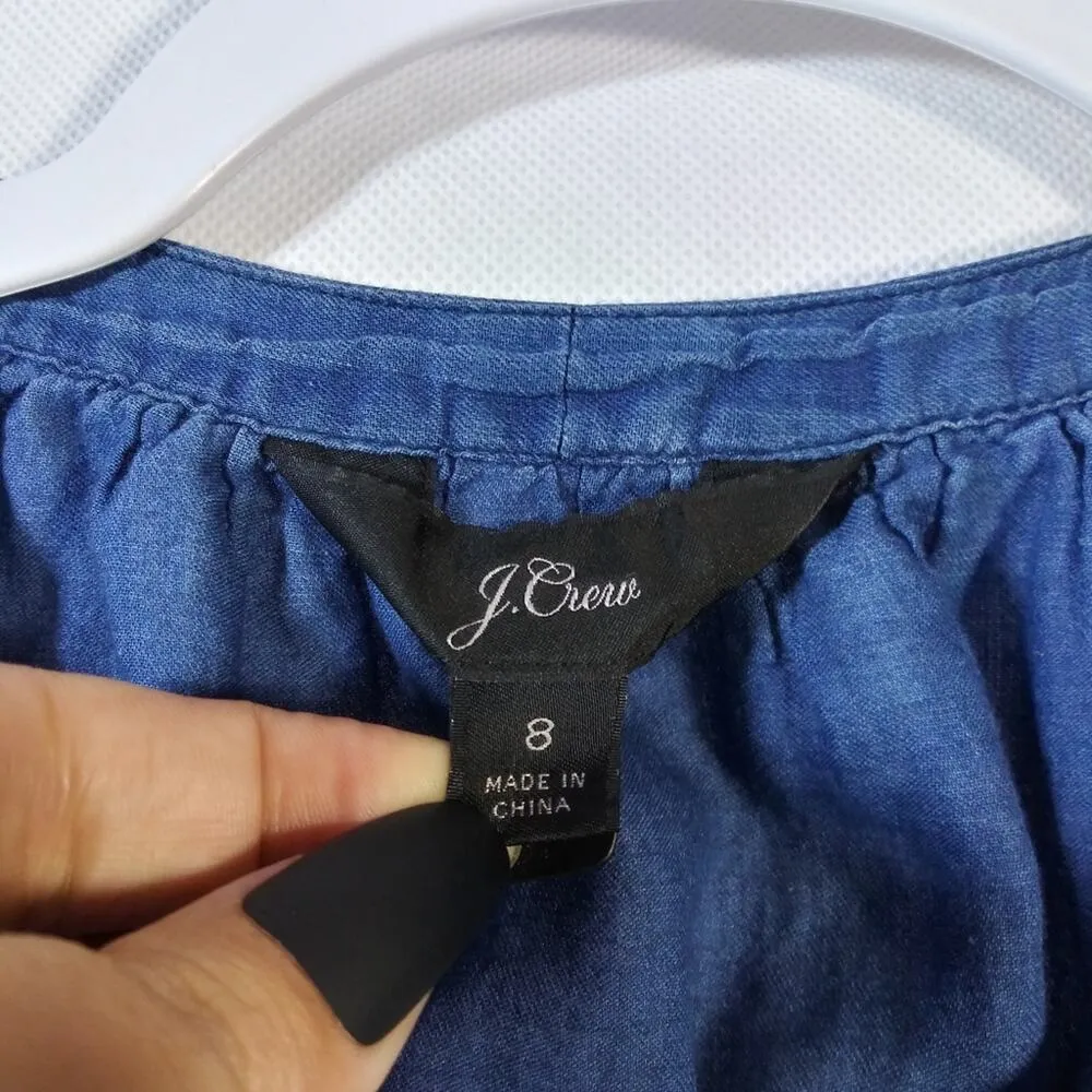 J Crew Blue Indigo Voile Button Front Cinch Waist Shirt Blouse Size 8 - Image 5