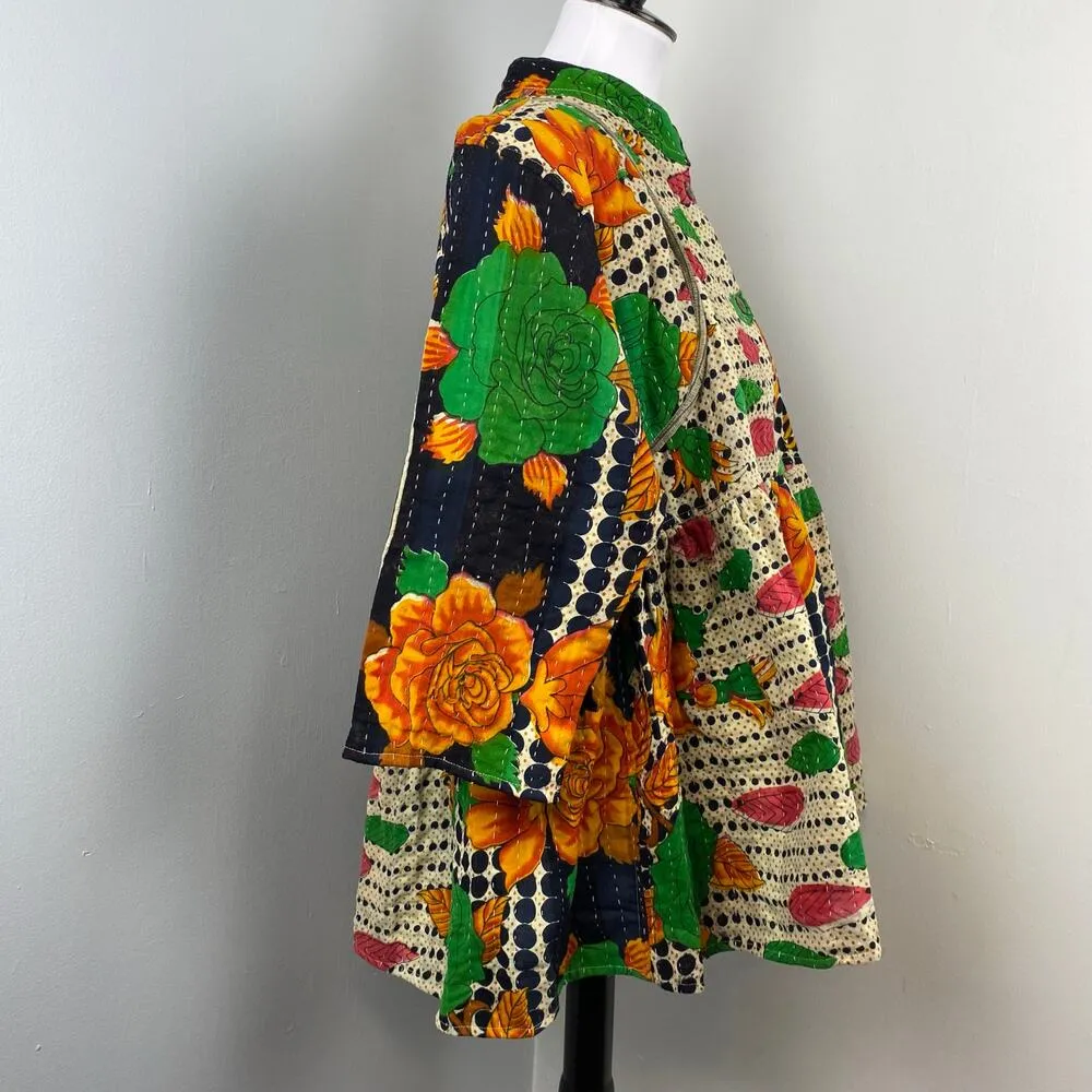 NEW Kantha Kediya Boho Peplum Reversible Cotton Jacket Unique Frock M/L Trendy Green Size M - Image 9