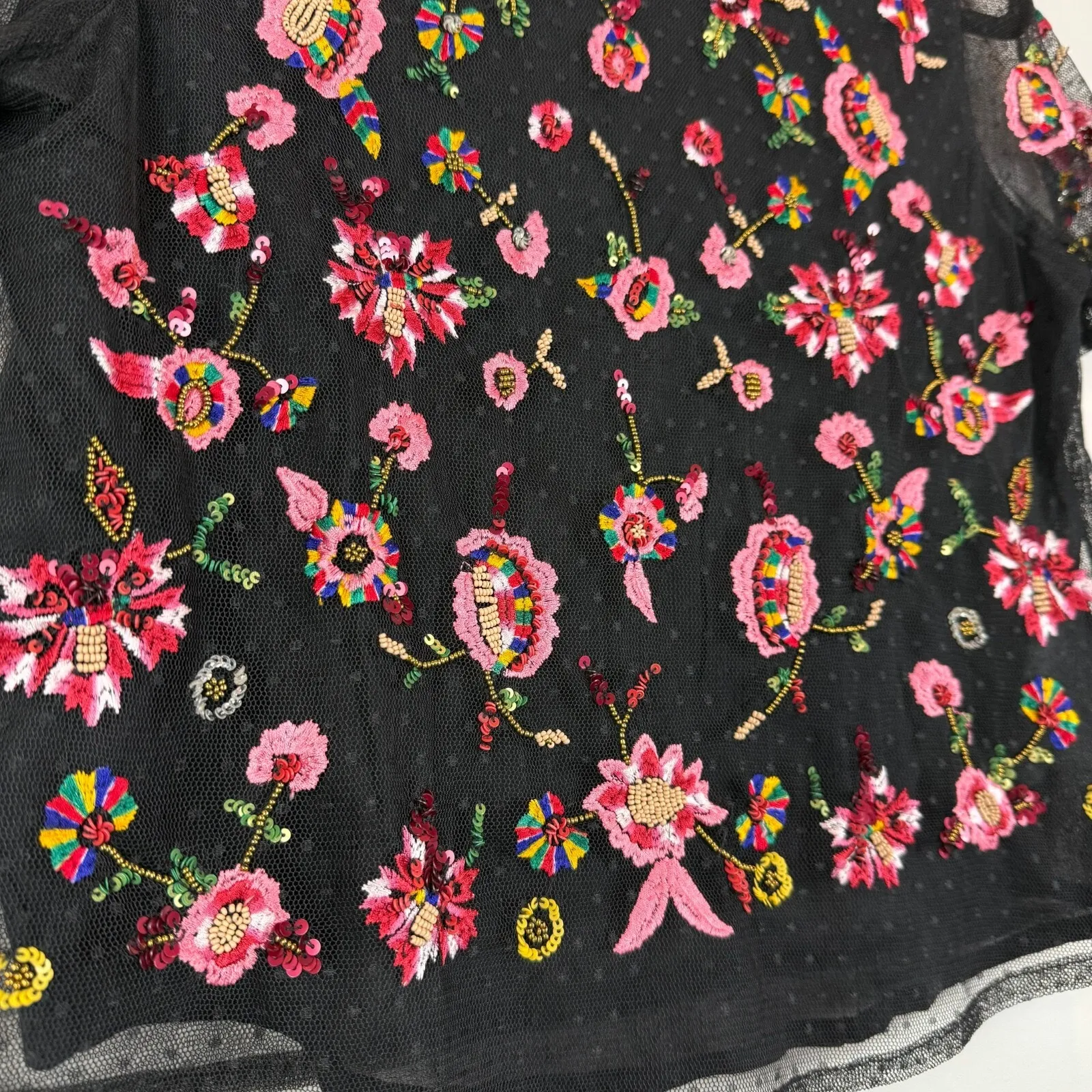 Zara‎ Top Women's Medium Black Floral Embroidery Mesh Blouse Boho Festival Bloom - Image 3