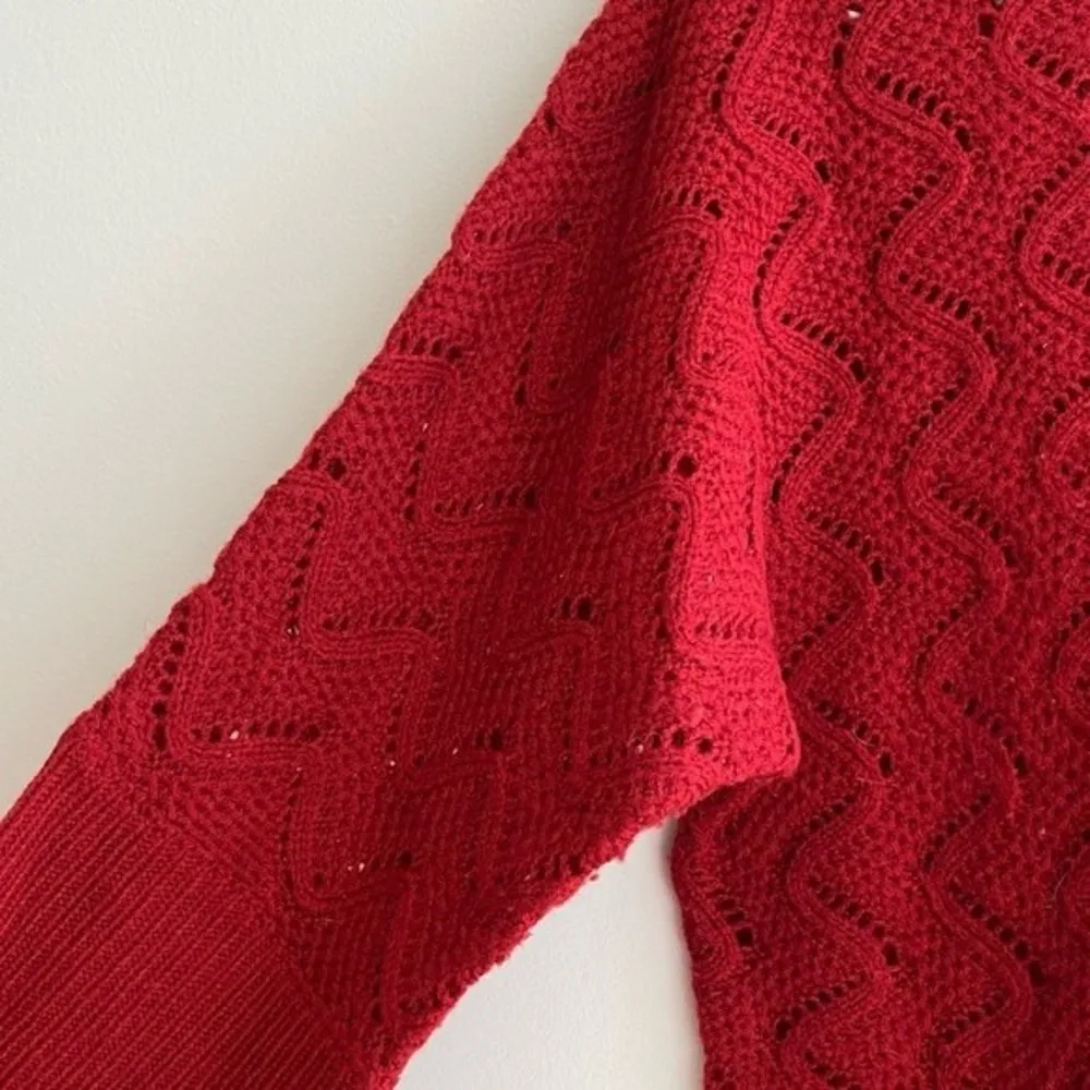 Red Sweater Dress, Bright Red Open Knit Leggings Sweater, Size M - Image 4