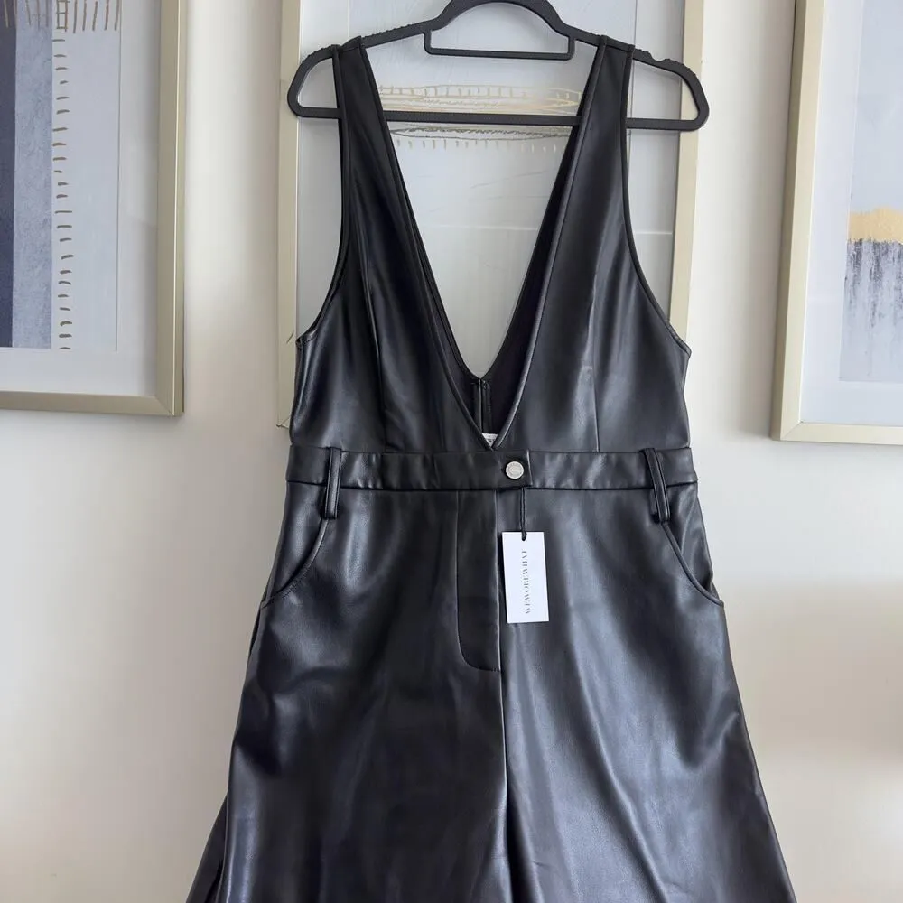 WeWoreWhat Overall Womens 32 Black Faux Leather Deep V Flare Jumpsuit Stretch - Image 3
