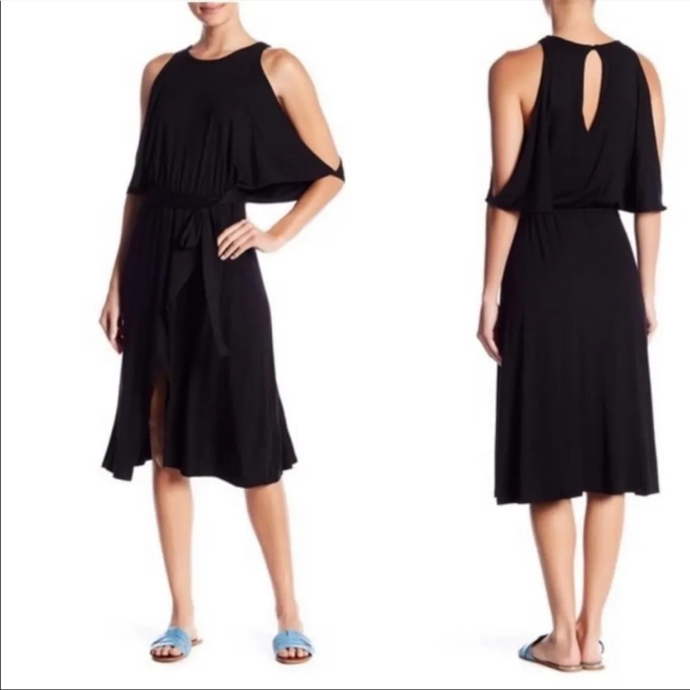 NWT Splendid Cold Shoulder Wrap Tie Midi Dress Navy Blue Sz Small - Image 2