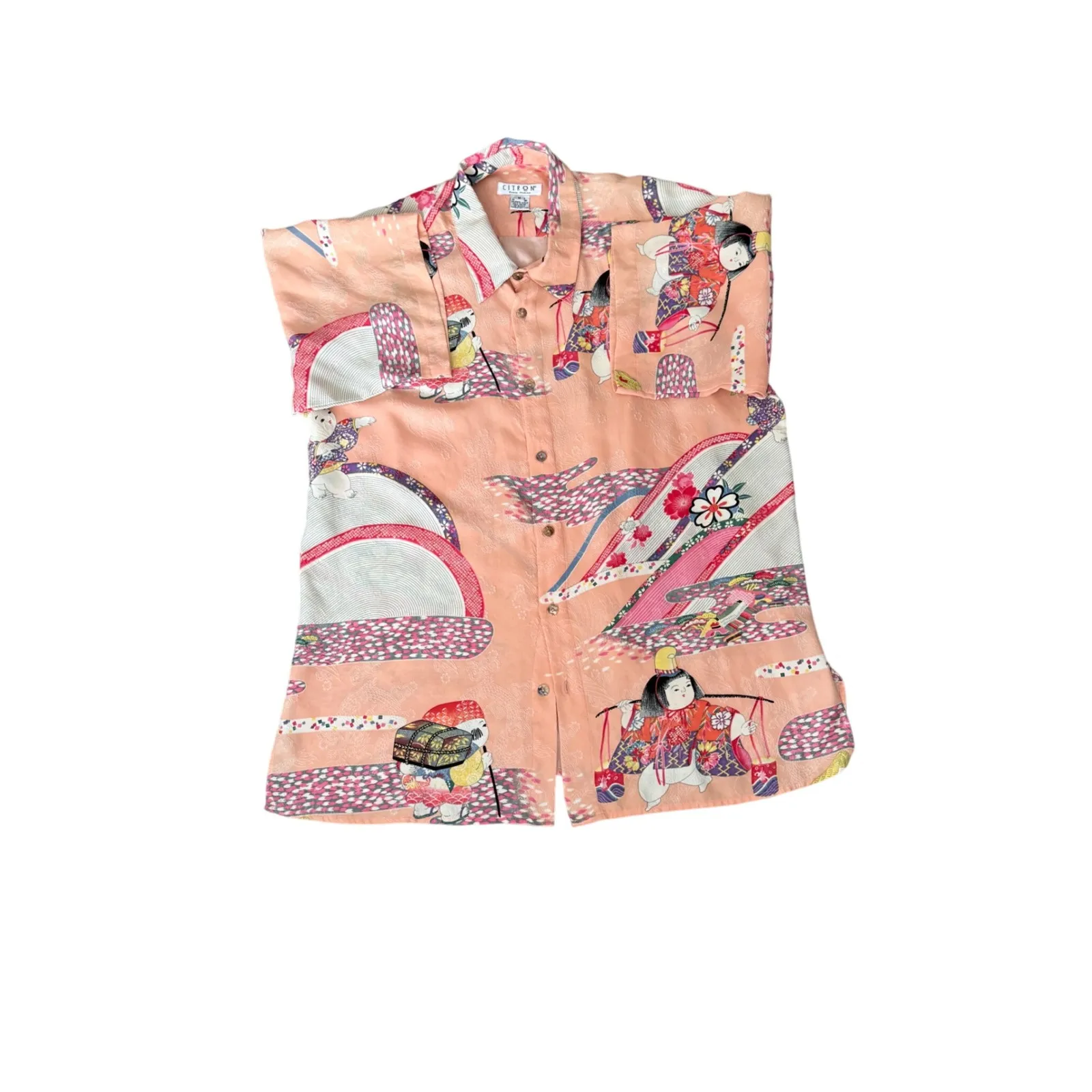 Citron Pink Silk Shirt Japanese Dolls Print Short Sleeve Button Up M Size M - Image 3