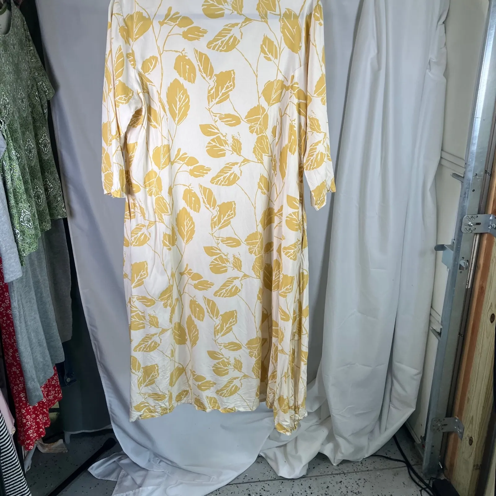 UTSA XXL Viscose Dress Cream‎ Yellow Floral Leaf Print Midi Casual Boho - Image 9