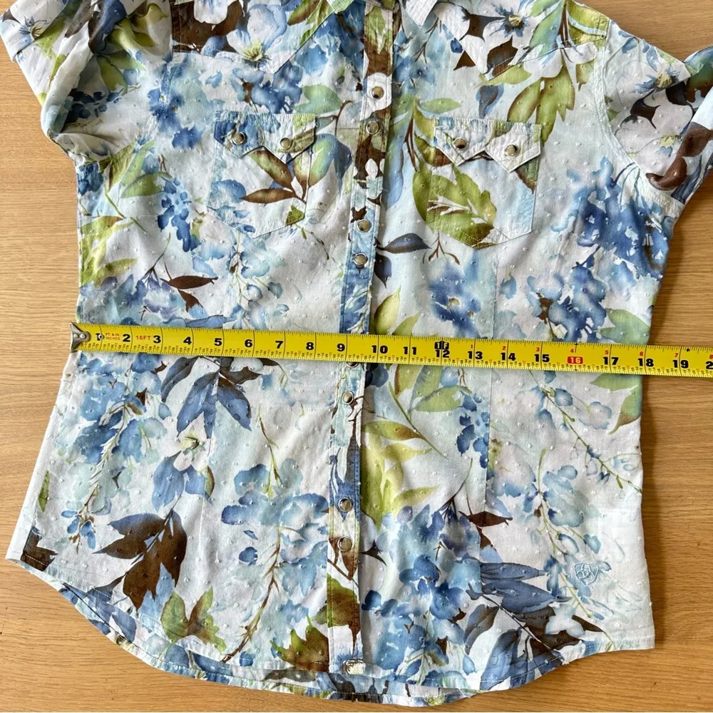 Ariat Fitted Floral Pearl Snap Shirt M 100% Cotton Blue Green White Western - Image 10