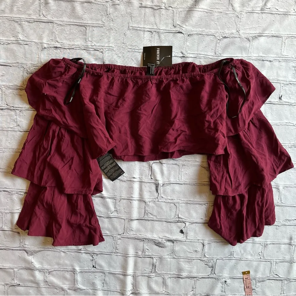 Forever 21 Off Shoulder Aubergine Layered Sleeve Boho Cropped Top Blouse NWT NEW - Image 2