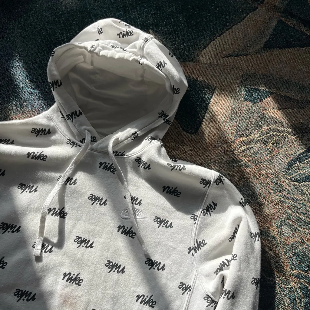 Nike Allover Logo Pullover Hoodie Women’s XS White Black Print Fleece Sweatshirt - Image 3