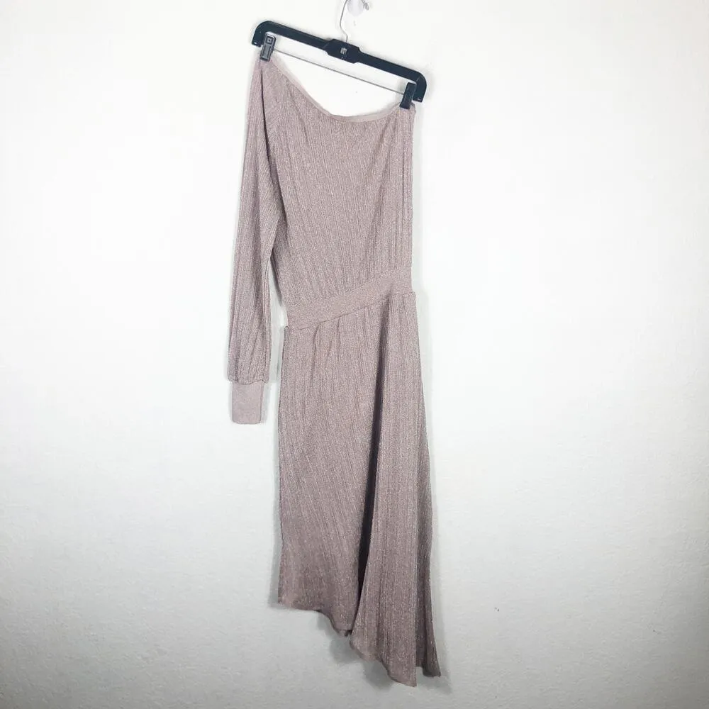 Zara Pink Midi Dress Small One Sleeve Metallic Stretch Knit Cocktail Party - Image 13
