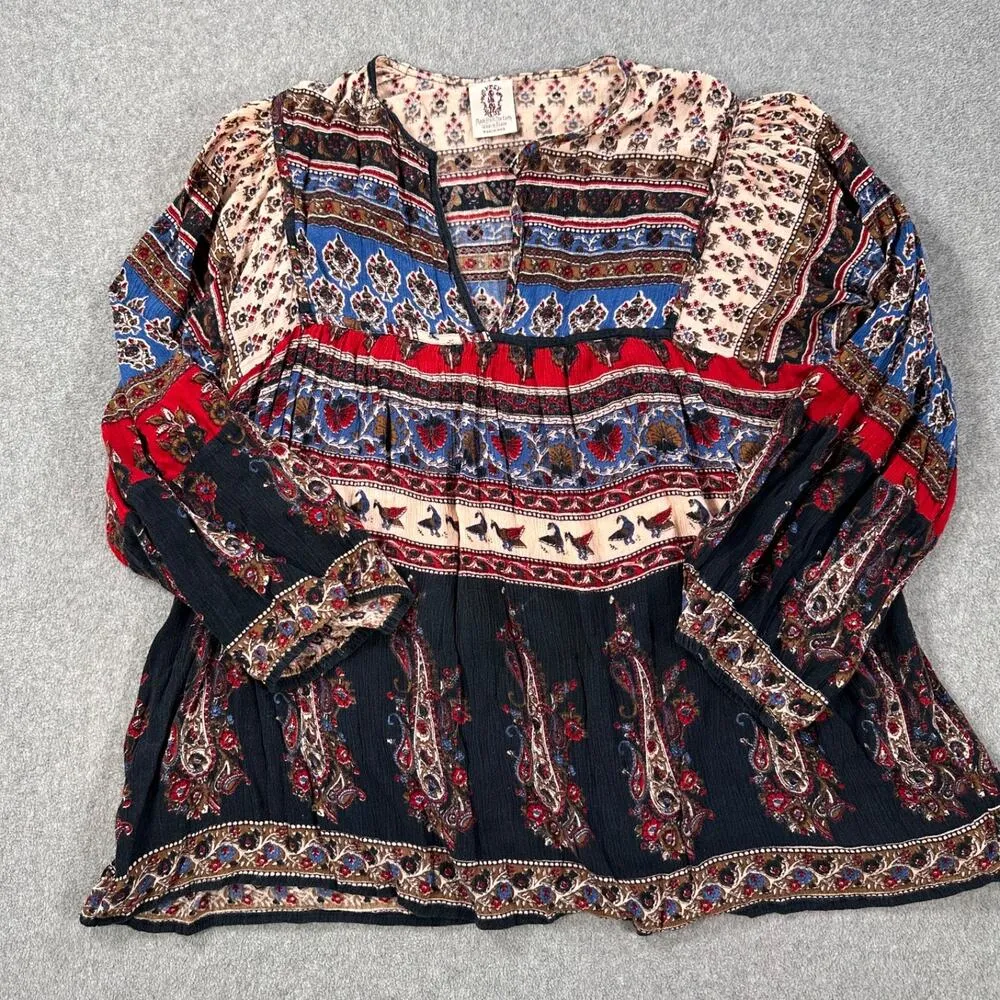 Gypsy Rose Peasant Top Women's Medium Mixed Print V-Neck 3/4 Sleeve Birds Boho - Image 2