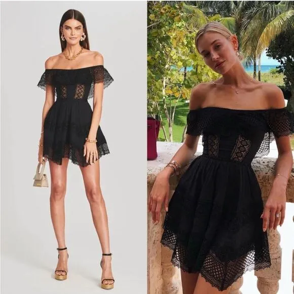 Charo Ruiz Ibiza Black Off Shoulder Lace Layered Asymmetric Vaiana Dress L Size L - Image 2