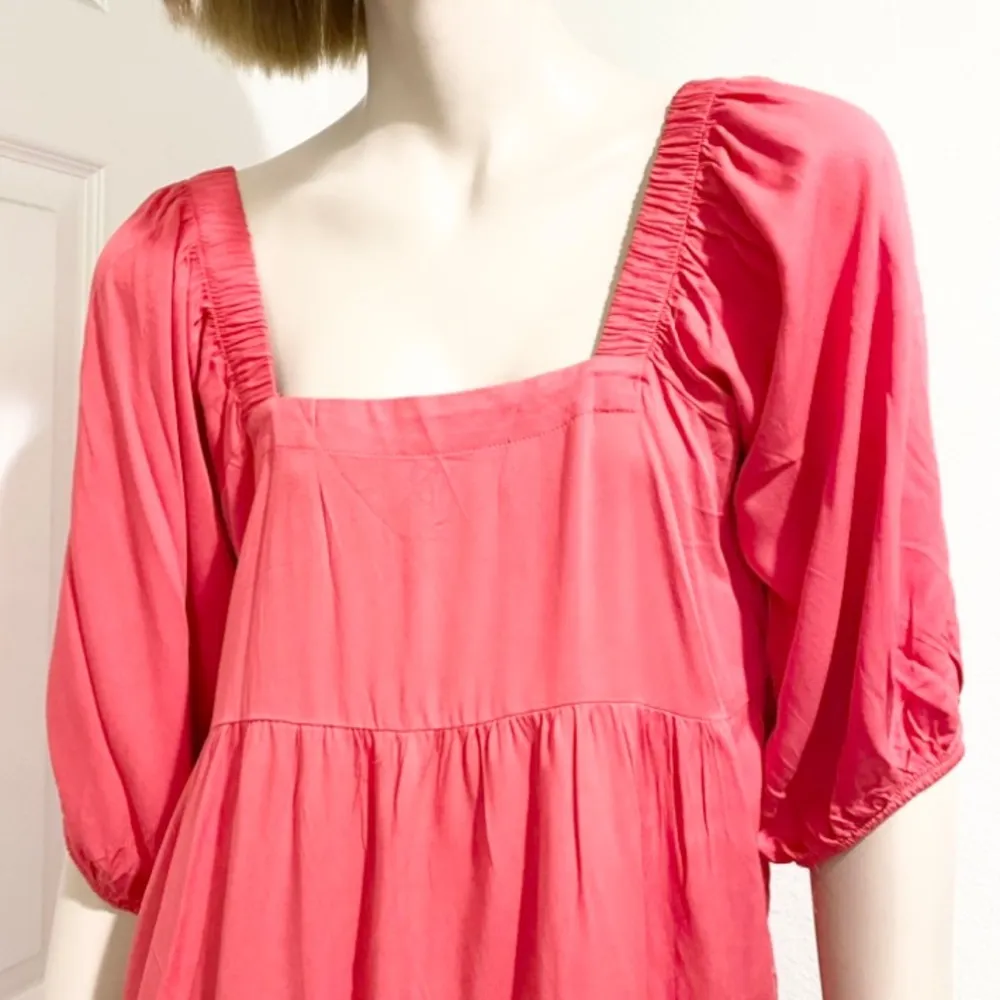 SHINESTAR Coral Pink Tiered Puff Sleeves Summer Mini Dress Size M - Image 3