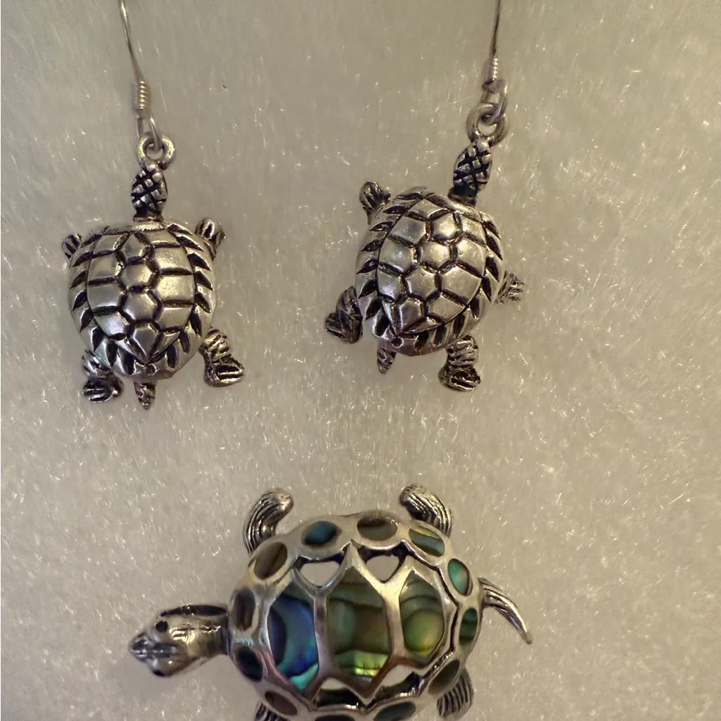 Sterling Silver 925 Turtle Earrings and Abalone Turtle pendant - Image 4