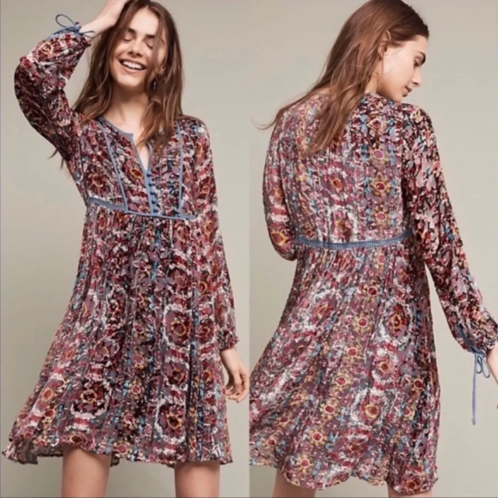 Anthropologie Floreat Abia Velvet Colorful Floral Peasant Dress Size XS - Image 2