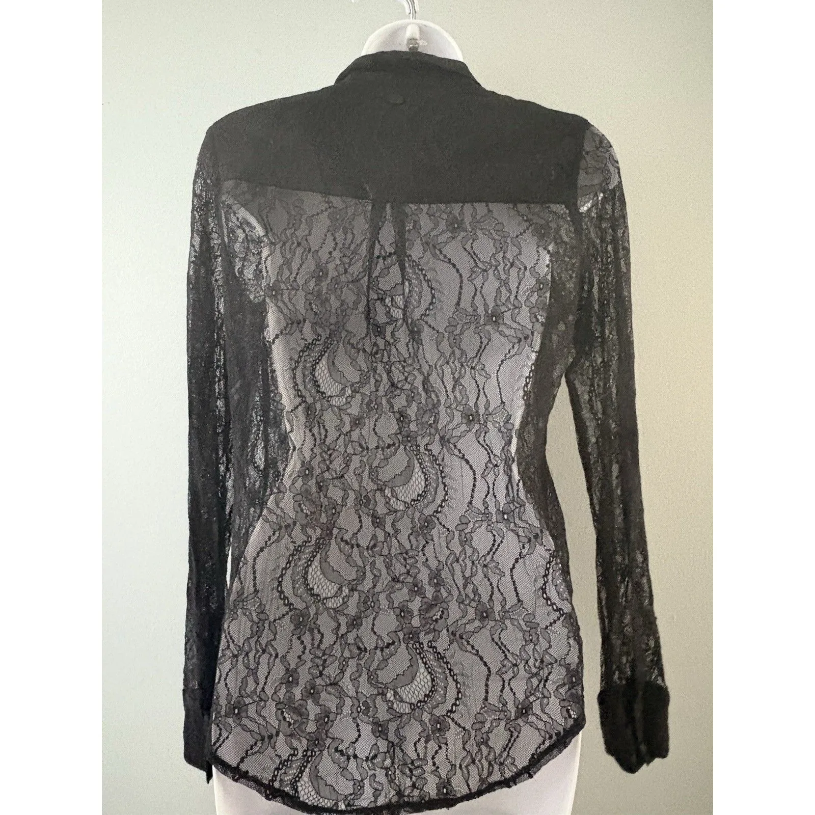Guess Black Lace Top Size S Sheer Goth Vampire Witchy Whimsigoth Button Up - Image 4