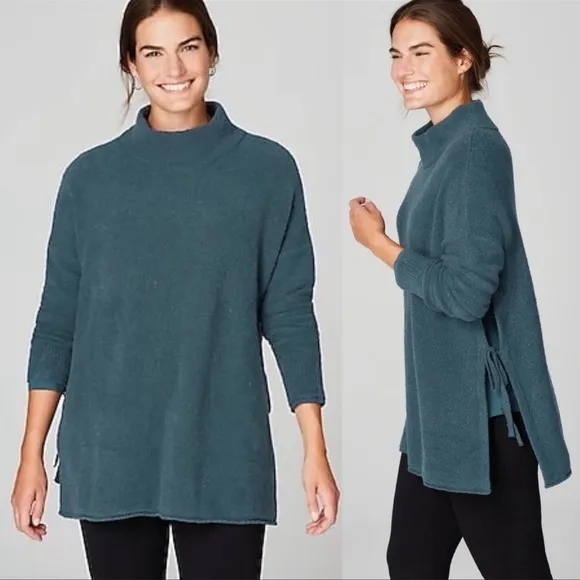 Pure Jill Mock Neck Sweater Wool Blend Tie Sides Blue Green Tunic - Image 2
