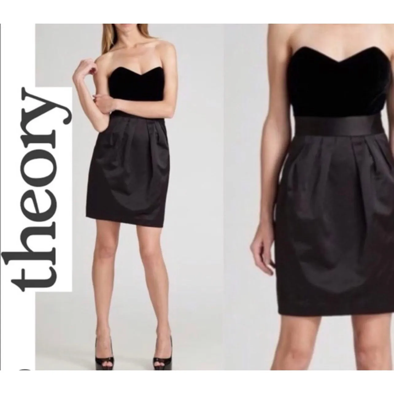 Theory Chanesa Black Velvet Satin Silk-Blend Strapless Mini Cocktail Tube Dress - Image 2