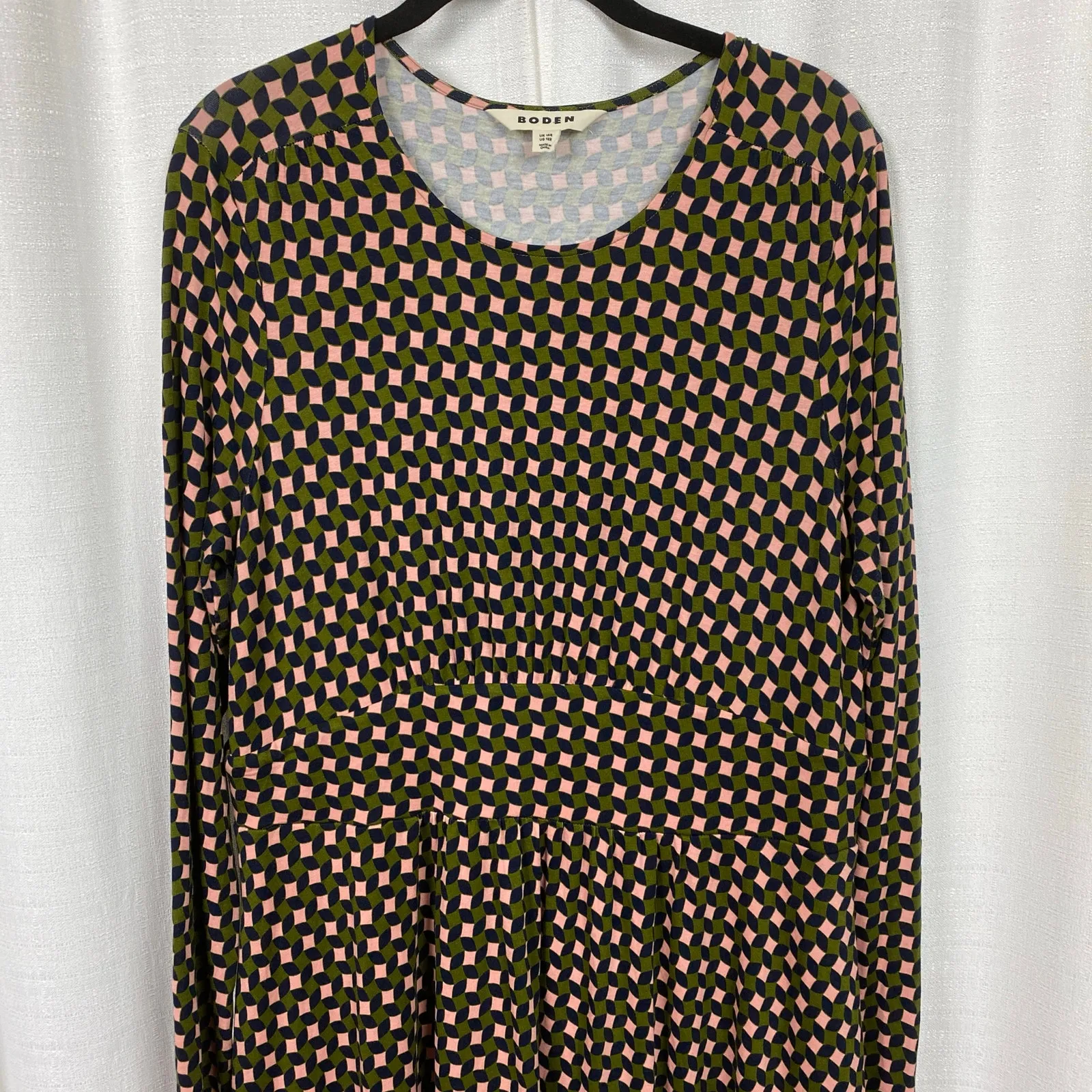 Boden Olive Green&Pink Abstract Diamond Long Sleeve Jersey Thea Dress Sz.12R Green Size 12 - Image 5