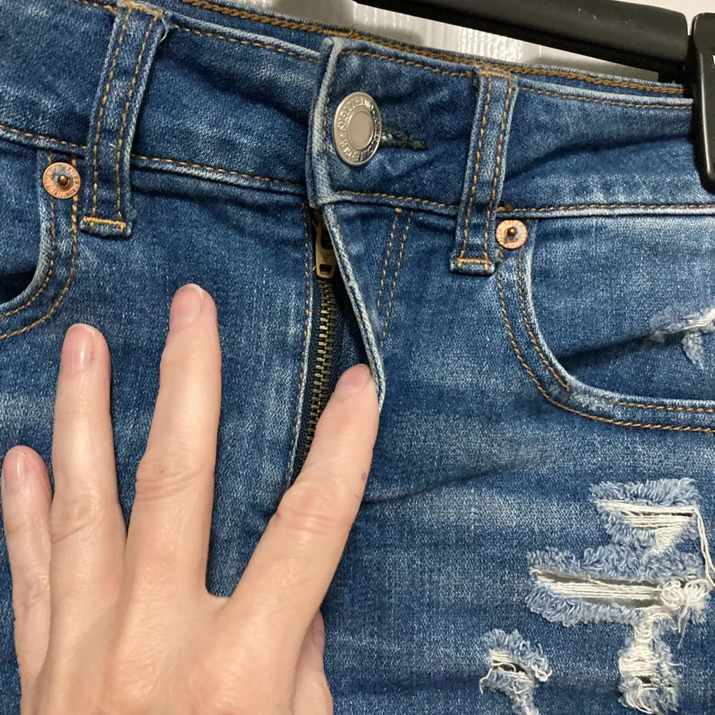 American Eagle Outfitters Medium Wash High Rise Ripped Shortie Denim Shorts - Image 7