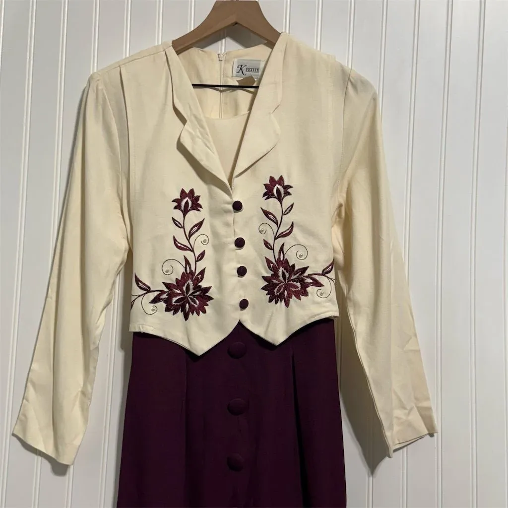 Vtg K Petite 10P Dark Academia Dress Embroidered Vest Faux‎ 2 - Image 3