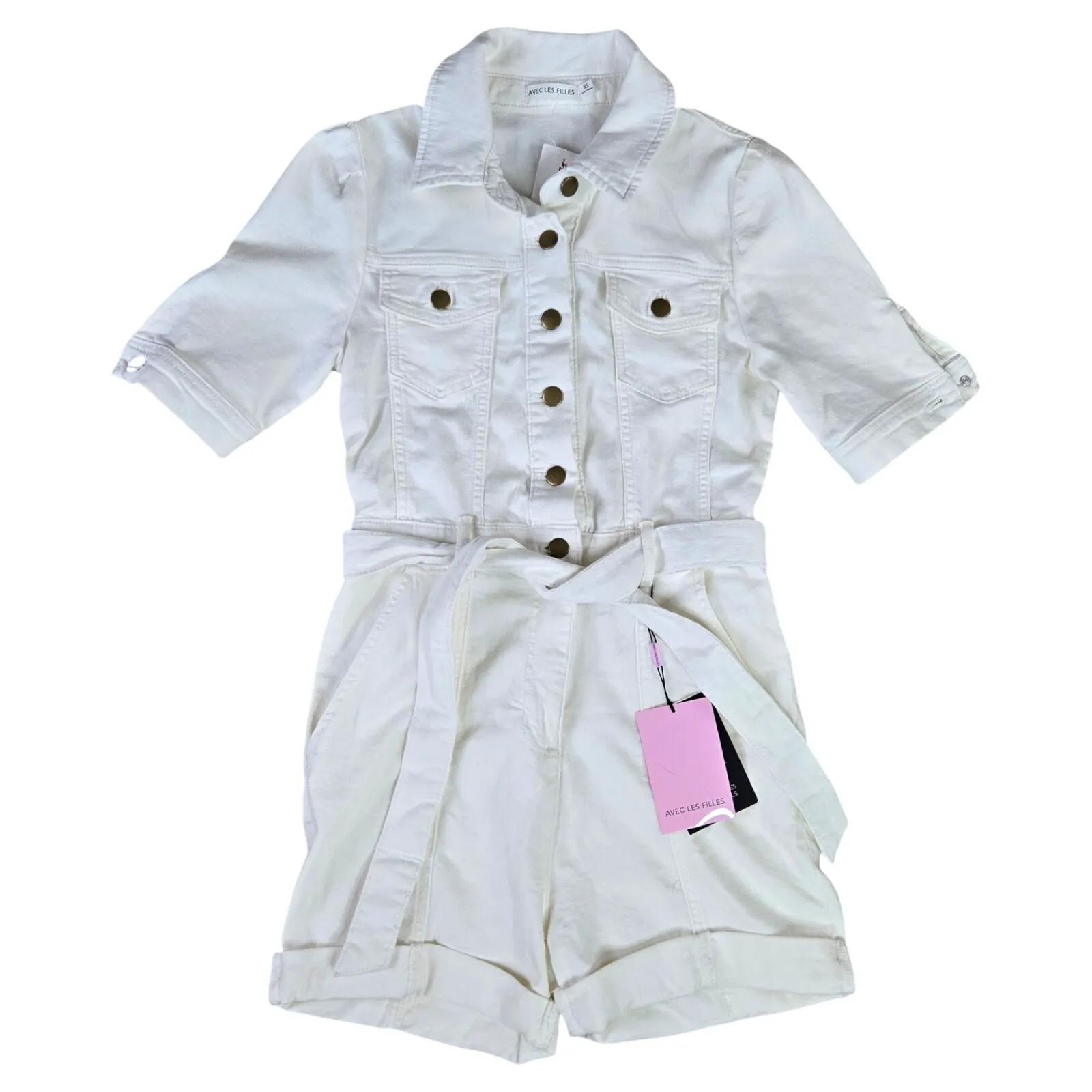 Avec Les Filles White Denim Playsuit Utility Classic Contemporary Romper Size XS - Image 2