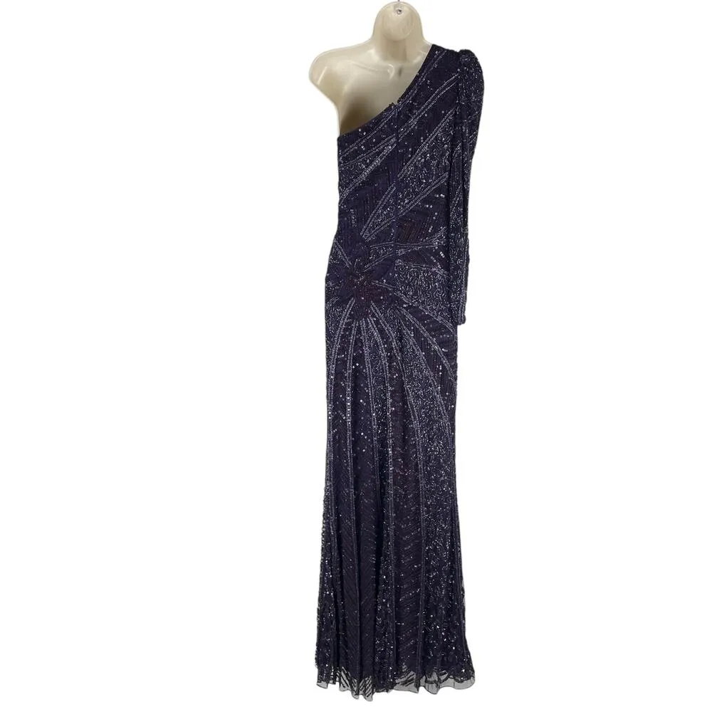 Mac Duggal Beaded One Shoulder Evening Gown Aubergine 5649 Size 6 - Image 9