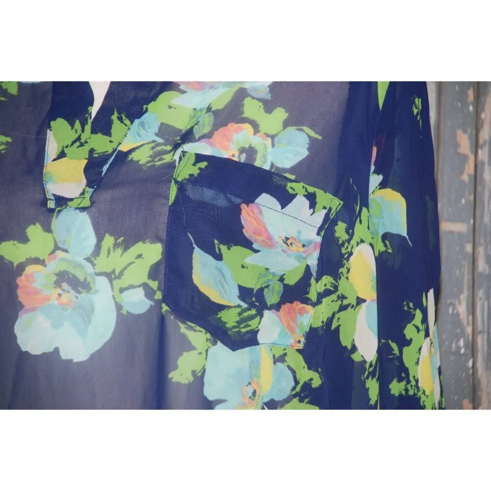 Liz Claiborne Women's Blue Floral Sheer Blouse Top Plus Size 1X V-Neck Long Sleeve - Image 3