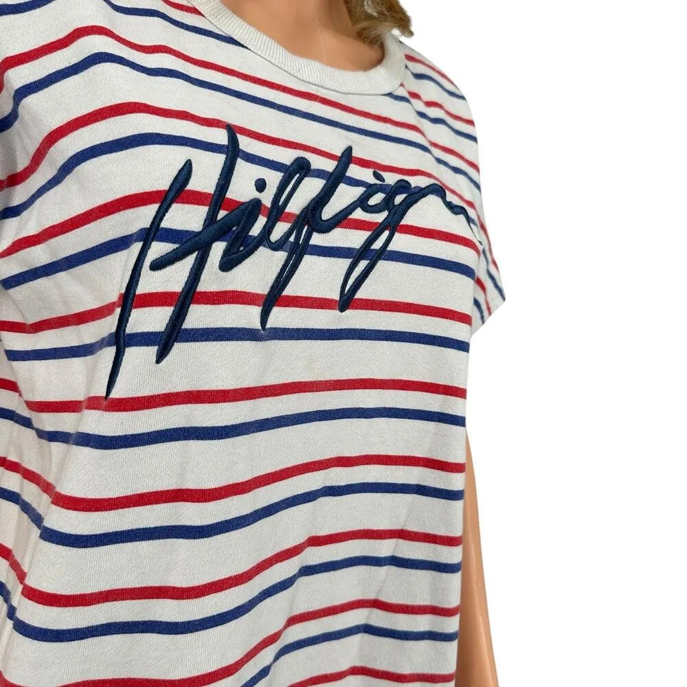Vintage Tommy Hilfiger Sport Striped T-Shirt Dress 90s Red White Blue Large - Image 5