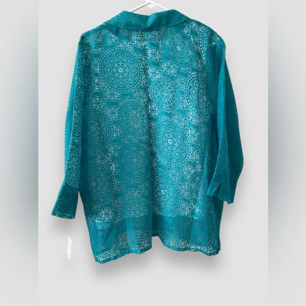 Alfred Dunner Womens Tunic Button Up Top SZ 16 Turquoise Sheer 3/4 Sleeve NWT - Image 6
