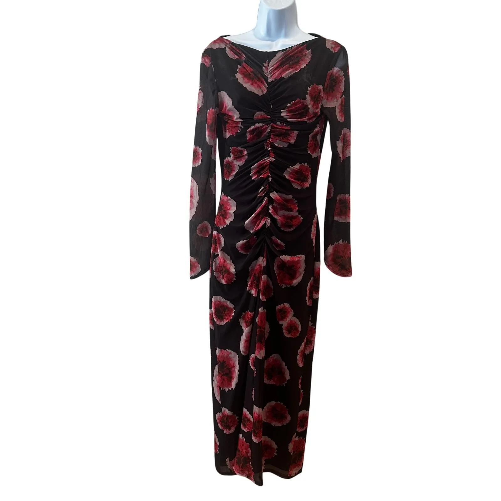 Suboo Black Floral Mesh Midi Dress LARGE Ruched Bodycon Cocktail Party Work $280 - Image 9