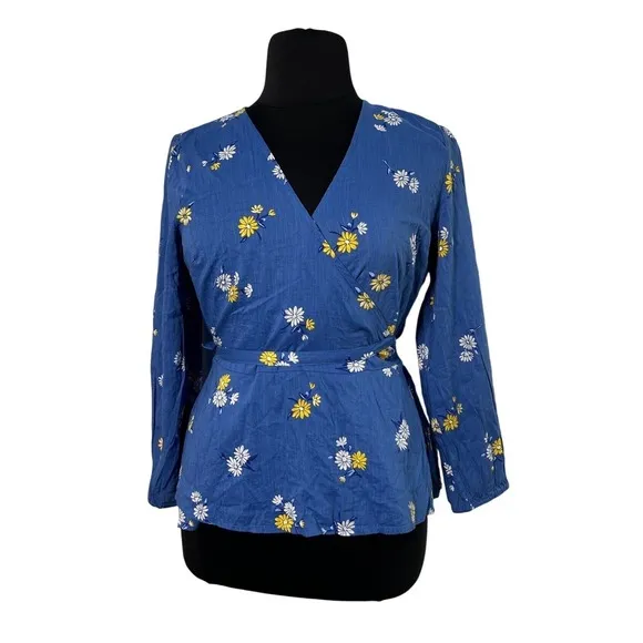 NWT Old Navy Women Large Yellow Floral V-Neck Wrap Blue Peasant‎ Shirt Casual - Image 3