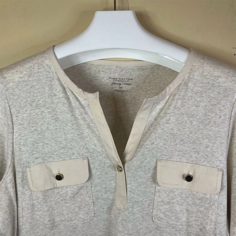 Charter Club Women's Size 2XL Ivory Henley Blouse 3/4 Sleeve Pockets Classic Top - Image 5