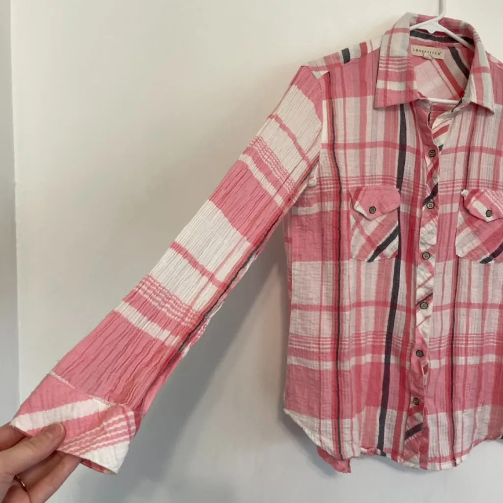 LOVESTITCH LOVE STITCH White Pink Coral Navy Plaid Long Sleeve Button Down Shirt - Image 6