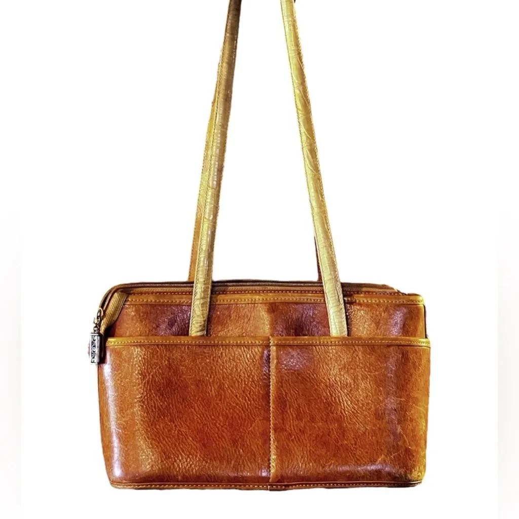 Brighton Shoulder Handbag Vintage Russet Brown Leather Croc Trim Purse Old Money - Image 2