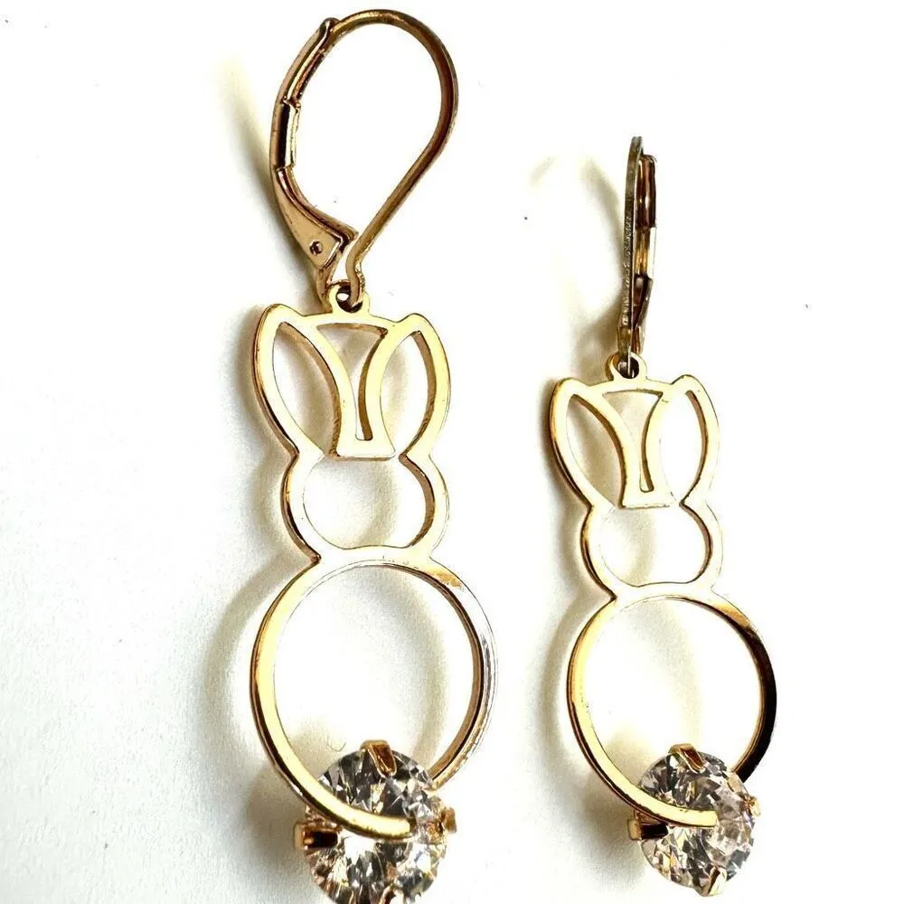 Gold tone Bunny outline rhinestone dangling earrings - Image 8