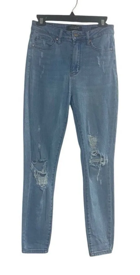 JUDY BLUE Women’s Juniors Blue Control Top Skinny Distressed Size 5/27 Jeans - Image 1