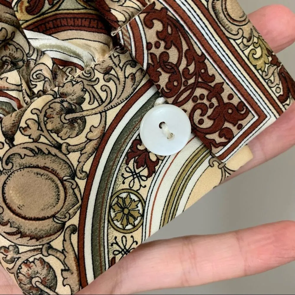 Vintage Liz Claiborne Silk Tan/Brown Wood Frame Pattern Blouse/Blazer - Image 6