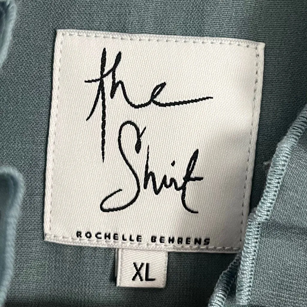 Rochelle Behrens The Shirt Ruffle Shoulder Floral Button Down Blouse XL Blue - Image 5