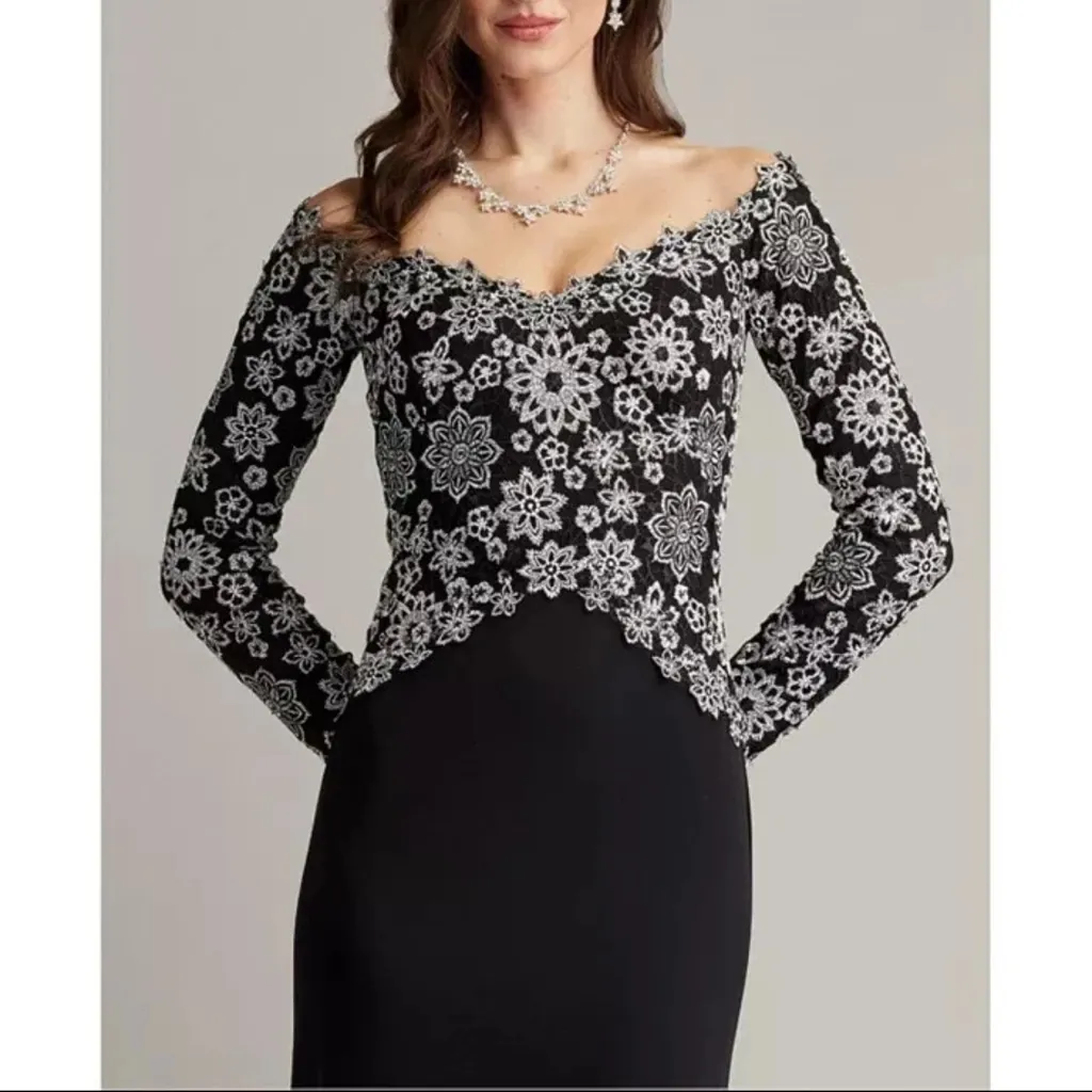 Tadashi Shoji Black Ivory Embroidered Off the Shoulder Gown Sz 10 - Image 4