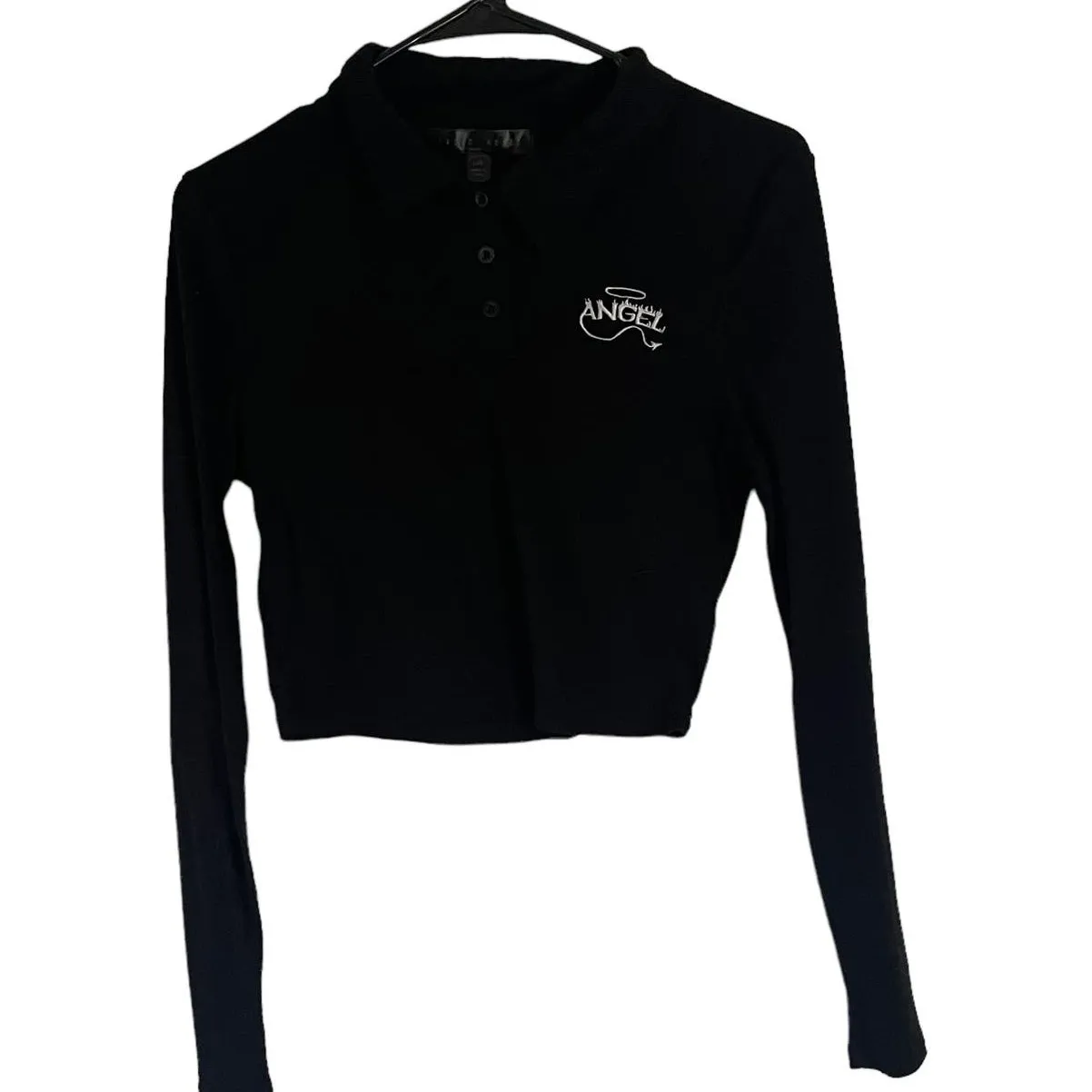 Faded Rose Grunge Size Large Black Cropped‎ Angel Devil Long Sleeve Top - Image 2