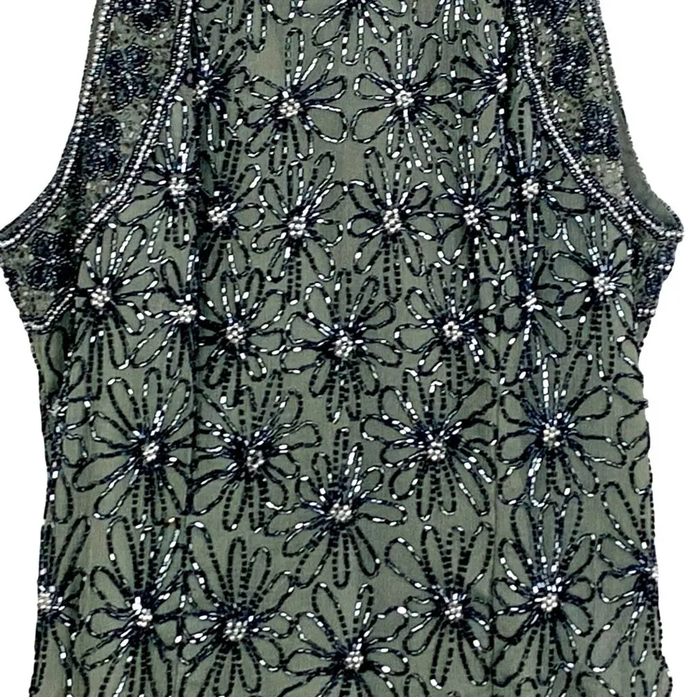 Beaded Floral Design Gray Shell Top 100% Silk M Mark & John By Gopal Formal Size M - Image 3