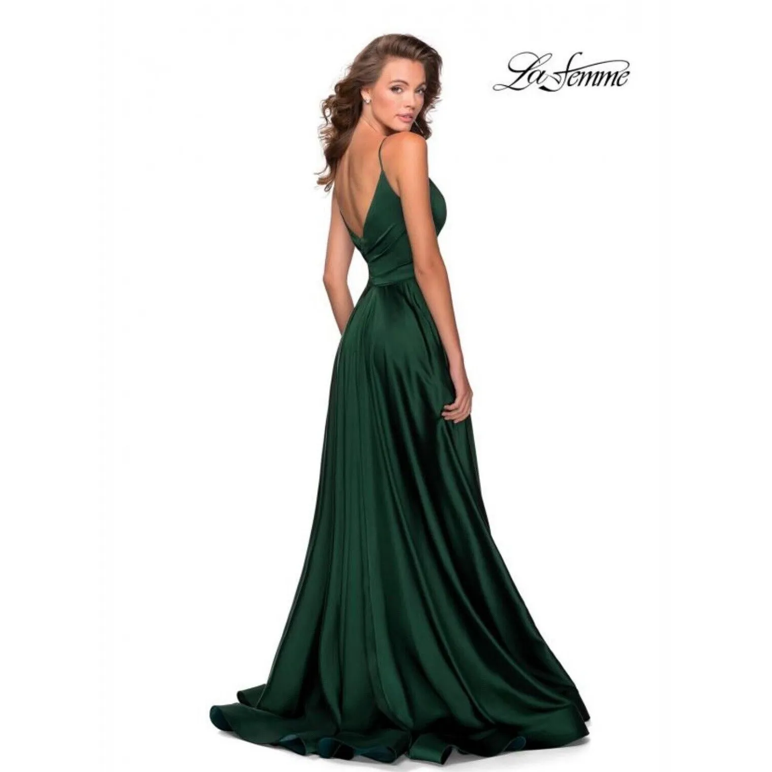 La Femme - 28607 Faux Wrap Satin High Slit A-Line‎ Navy Size 14 Formal Ball gown - Image 4