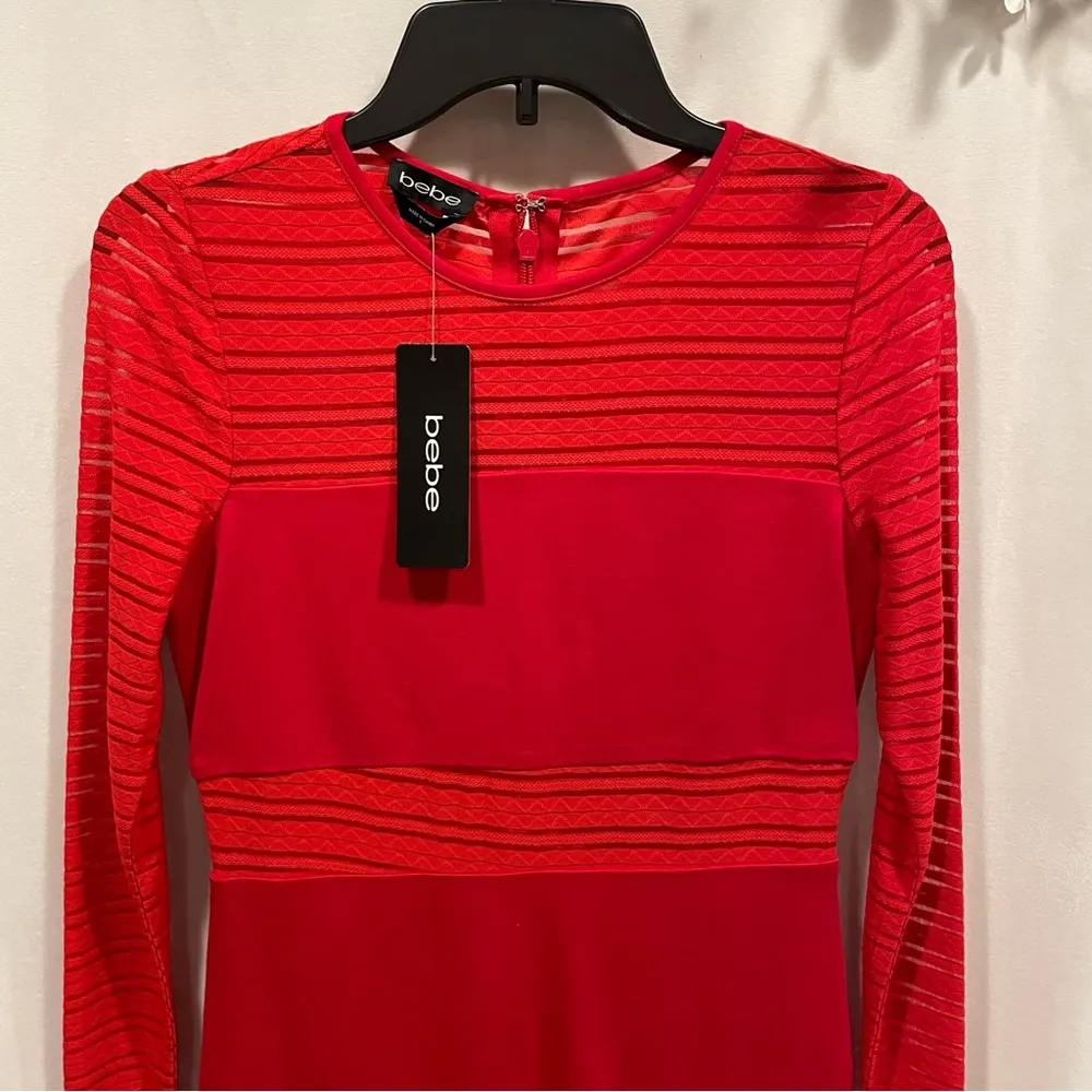 Cute Bebe NWT red mesh super stretchy mini dress long sleeve - Image 6