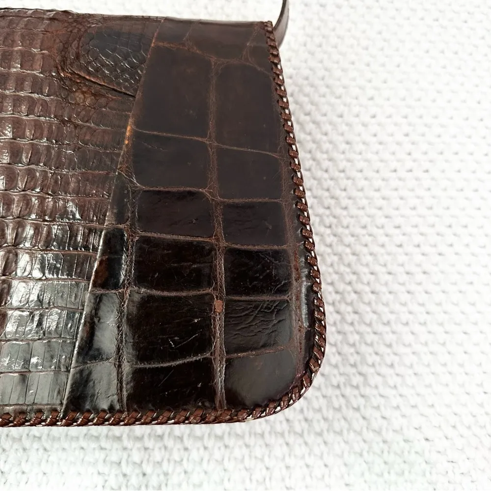 Vintage Brown Croc Embossed Leather No Brand Shoulder Crossbody Swing Box Bag - Image 5